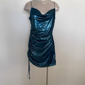 NWT! Cinq a sept mini dress blue/green tourmaline straps asymmetric one side tie